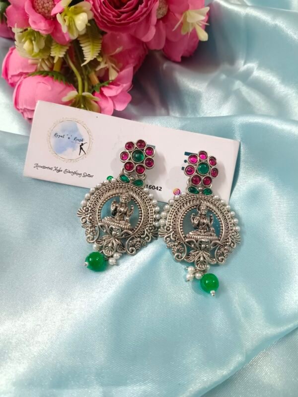 German Silver Earrings - Rani Pink & Green - Image 2