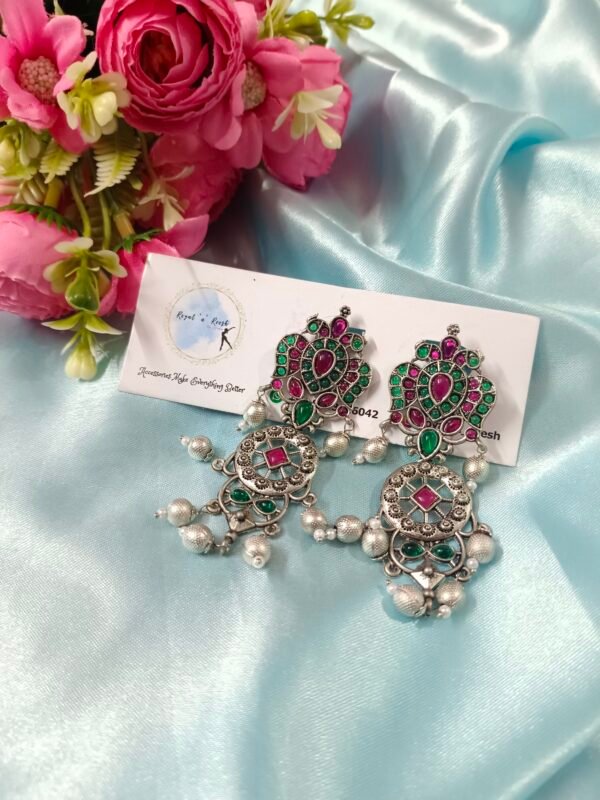 German Silver Earrings - Rani pink with Green - Image 2