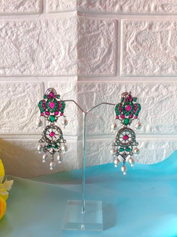 German Silver Earrings - Rani pink with Green Stone Colour - Image 4