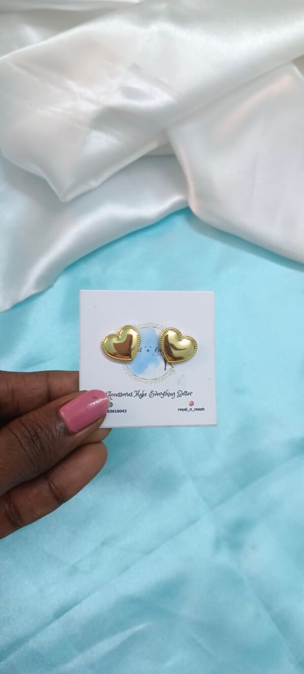 Royal 'N' Reesh 18K Gold Plated Stainless Steel Heart Stud Earrings, Hypoallergenic Glossy Love Puffed Heart Earrings for Girls & Women - Image 7