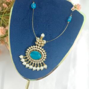 Royal 'N' Reesh Invisible Necklace with Traditional Pendant, Gold-Plated Pendant - Blue Stone with pearl hangings