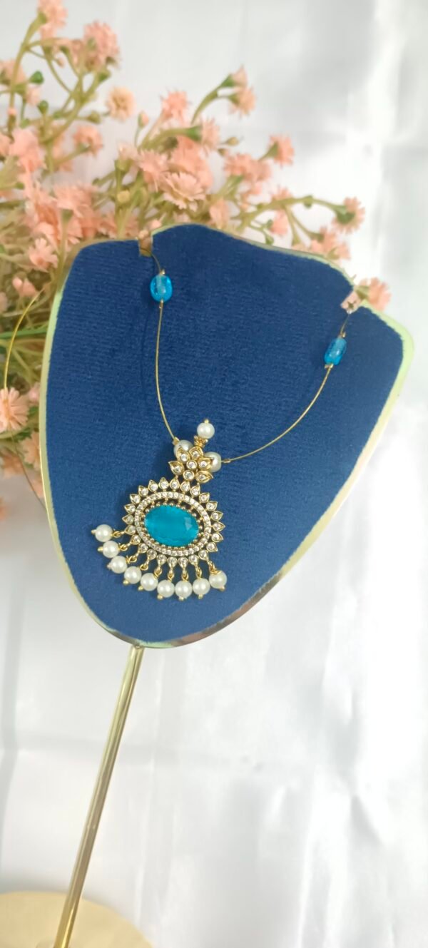 Royal 'N' Reesh Invisible Necklace with Traditional Pendant, Gold-Plated Pendant - Blue Stone with pearl hangings