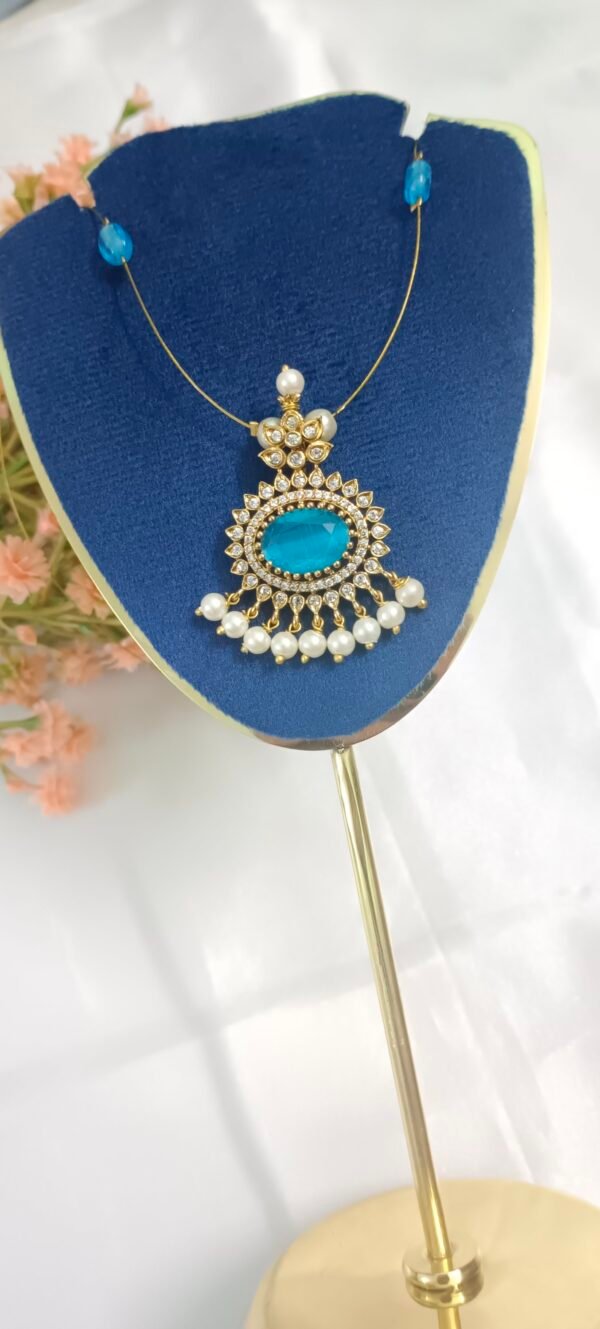 Royal 'N' Reesh Invisible Necklace with Traditional Pendant, Gold-Plated Pendant - Blue Stone with pearl hangings - Image 2