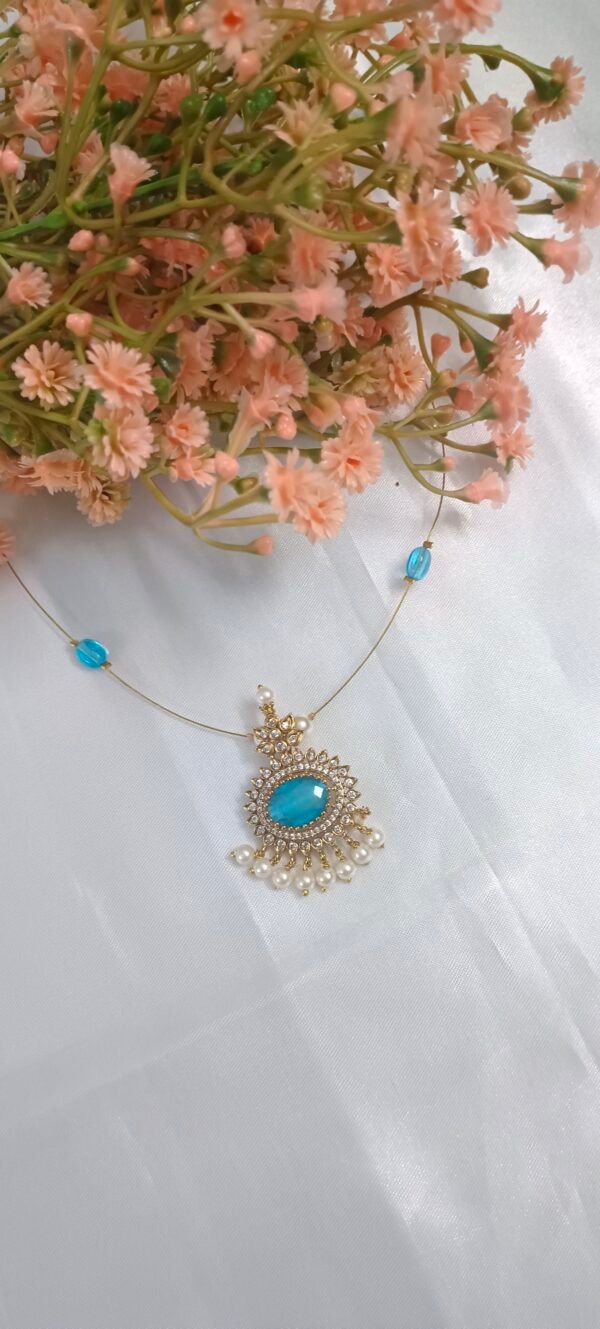 Royal 'N' Reesh Invisible Necklace with Traditional Pendant, Gold-Plated Pendant - Blue Stone with pearl hangings - Image 4