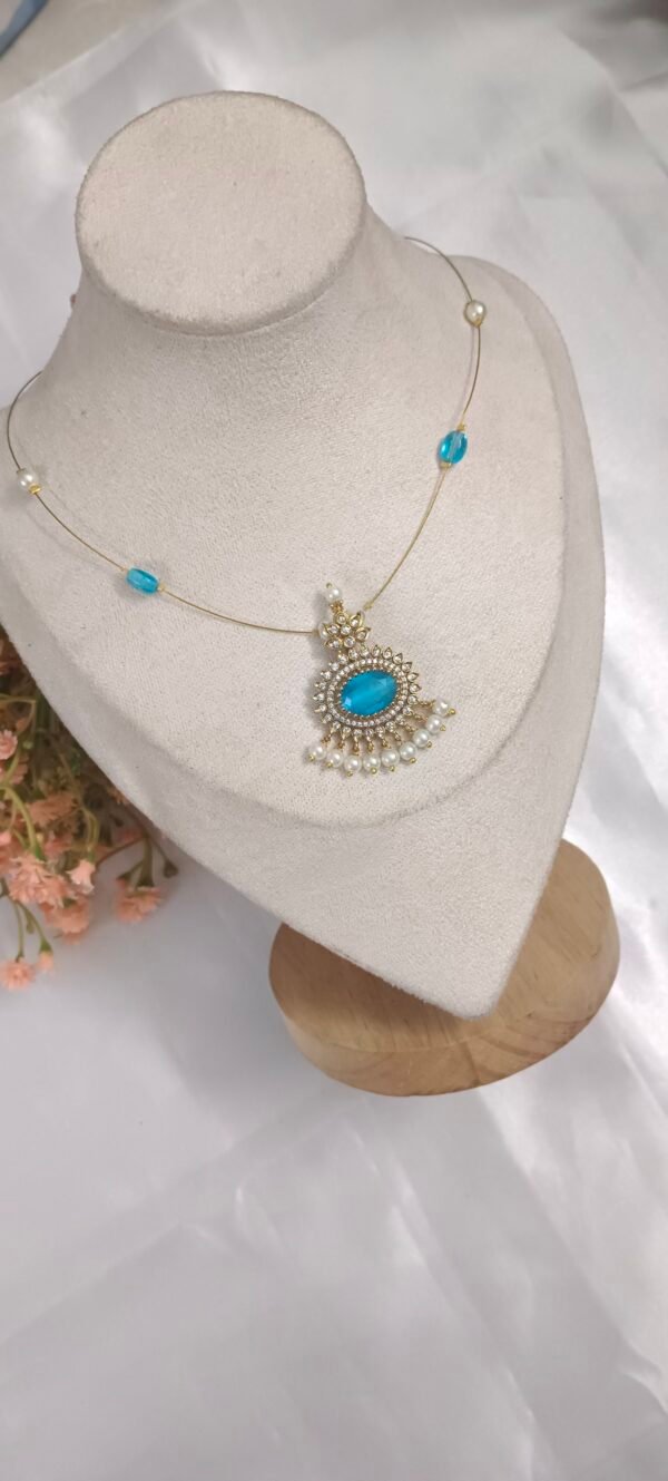 Royal 'N' Reesh Invisible Necklace with Traditional Pendant, Gold-Plated Pendant - Blue Stone with pearl hangings - Image 3
