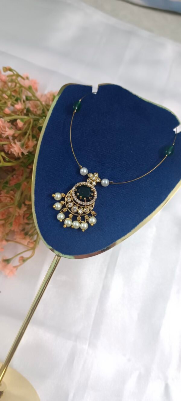 Royal 'N' Reesh Invisible Necklace with Traditional Pendent, Gold-Plated Pendant with Green