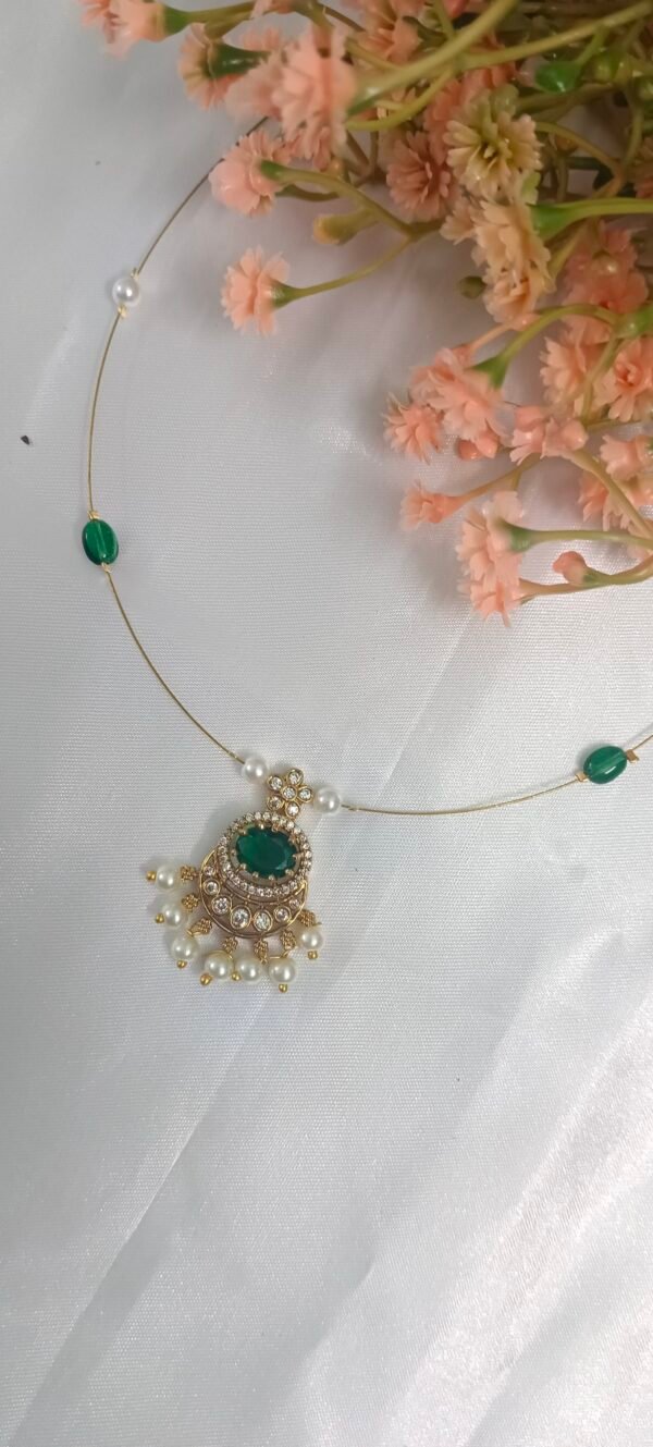 Royal 'N' Reesh Invisible Necklace with Traditional Pendent, Gold-Plated Pendant with Green - Image 3