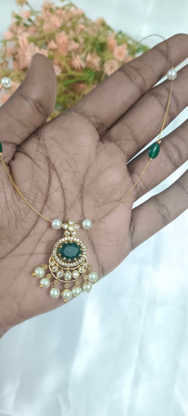 Royal 'N' Reesh Invisible Necklace with Traditional Pendent, Gold-Plated Pendant with Green - Image 2